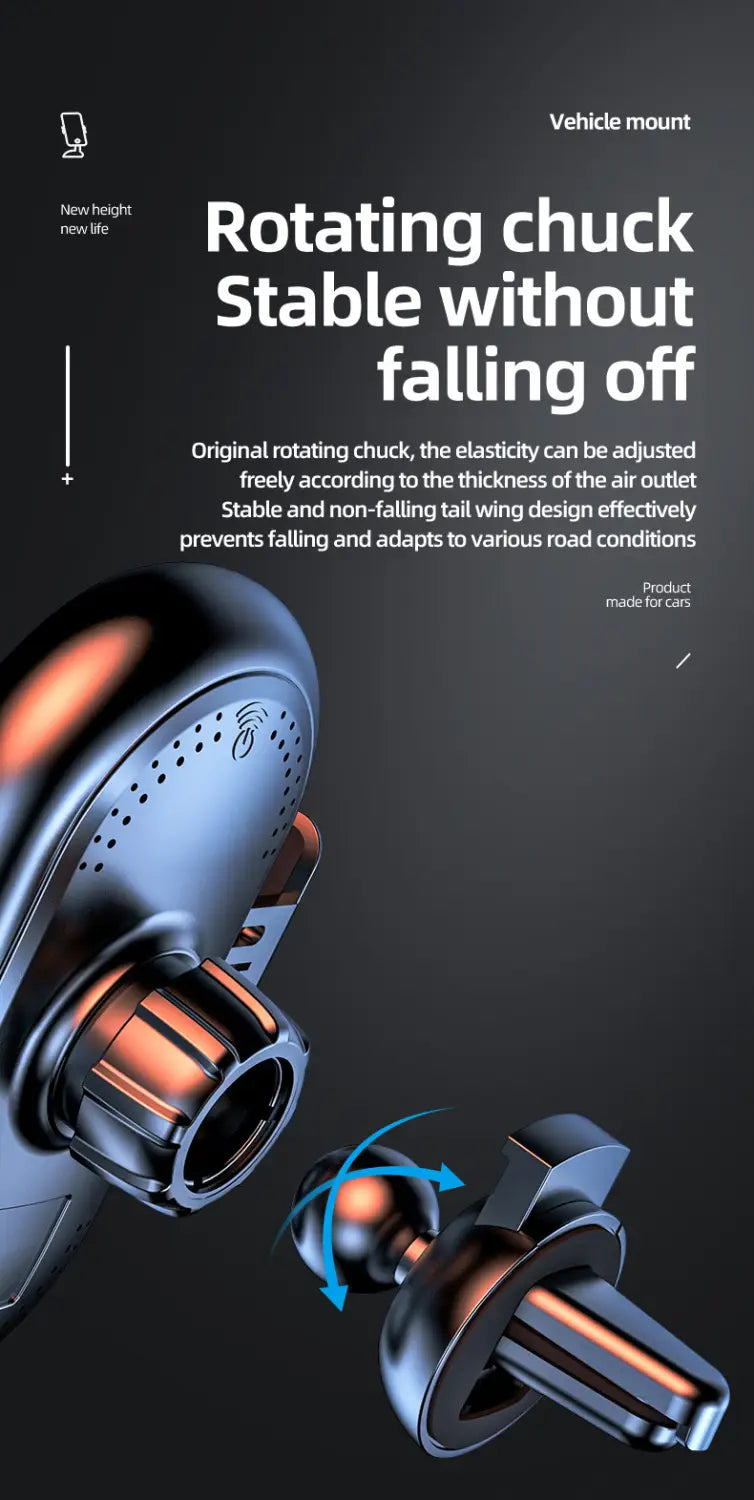 Black rotating chuck car wireless charger and fast charging mount with metallic accents and stable non-falling tail wing design visible from the back side.