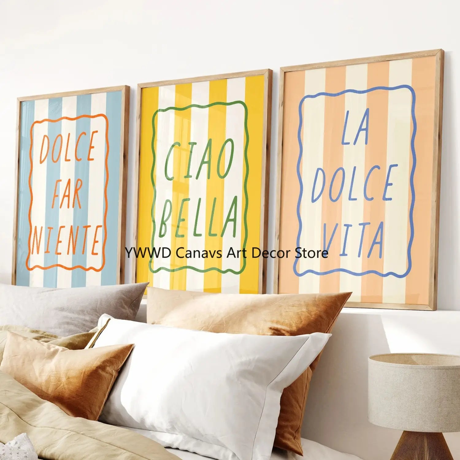 Three framed striped canvas wall art prints featuring colorful hand-drawn italian phrases from the ciao bella striped canvas wall art poster collection.
