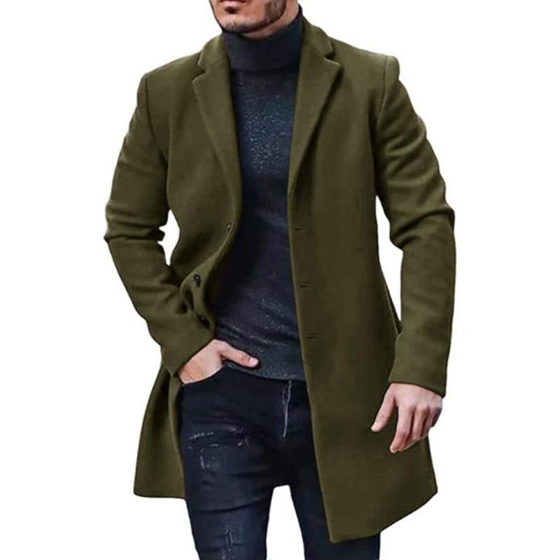 Abrigo de lana color verde oliva para hombres con solapa tipo muesca clásica y cierre con botones, diseñado como chaqueta de invierno de color sólido
