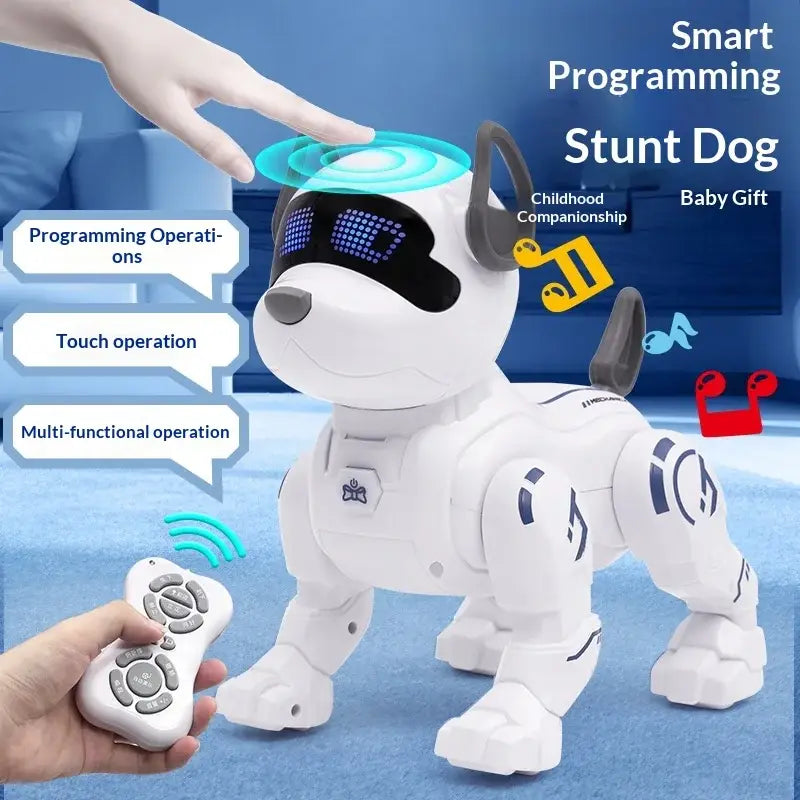 Interactive robotic dog toy with voice control in white featuring a black digital eye visor gray ears and blue led lights on its head.