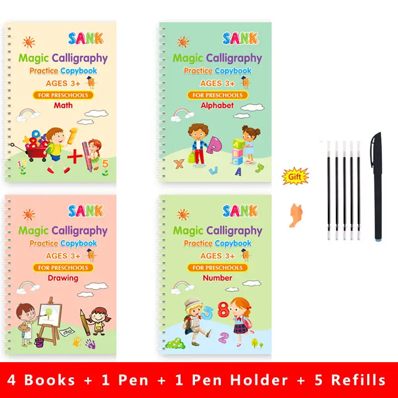 Set mit vier farbenfrohen, wiederverwendbaren Zauber-Übungsschreibheften für Kinder mit Kalligraphie, ausgestattet mit lebhaften Illustrationen und thematischen Seiten für Mathematik, das Alphabet, das Zeichnen und das Erlernen von Zahlen für Kinder ab 3 Jahren und älter.