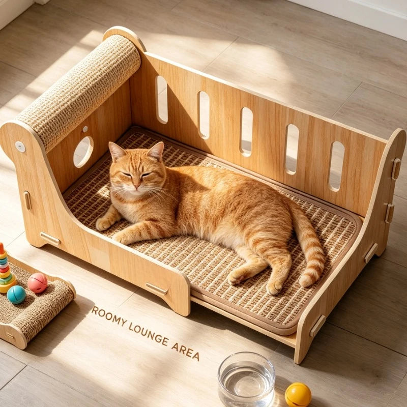 Large Wooden Cat Bed With Sisal Scratching Post Lounge Sofa Furniture For Indoor Pets Living Room Summer Cooling Pet Supplies