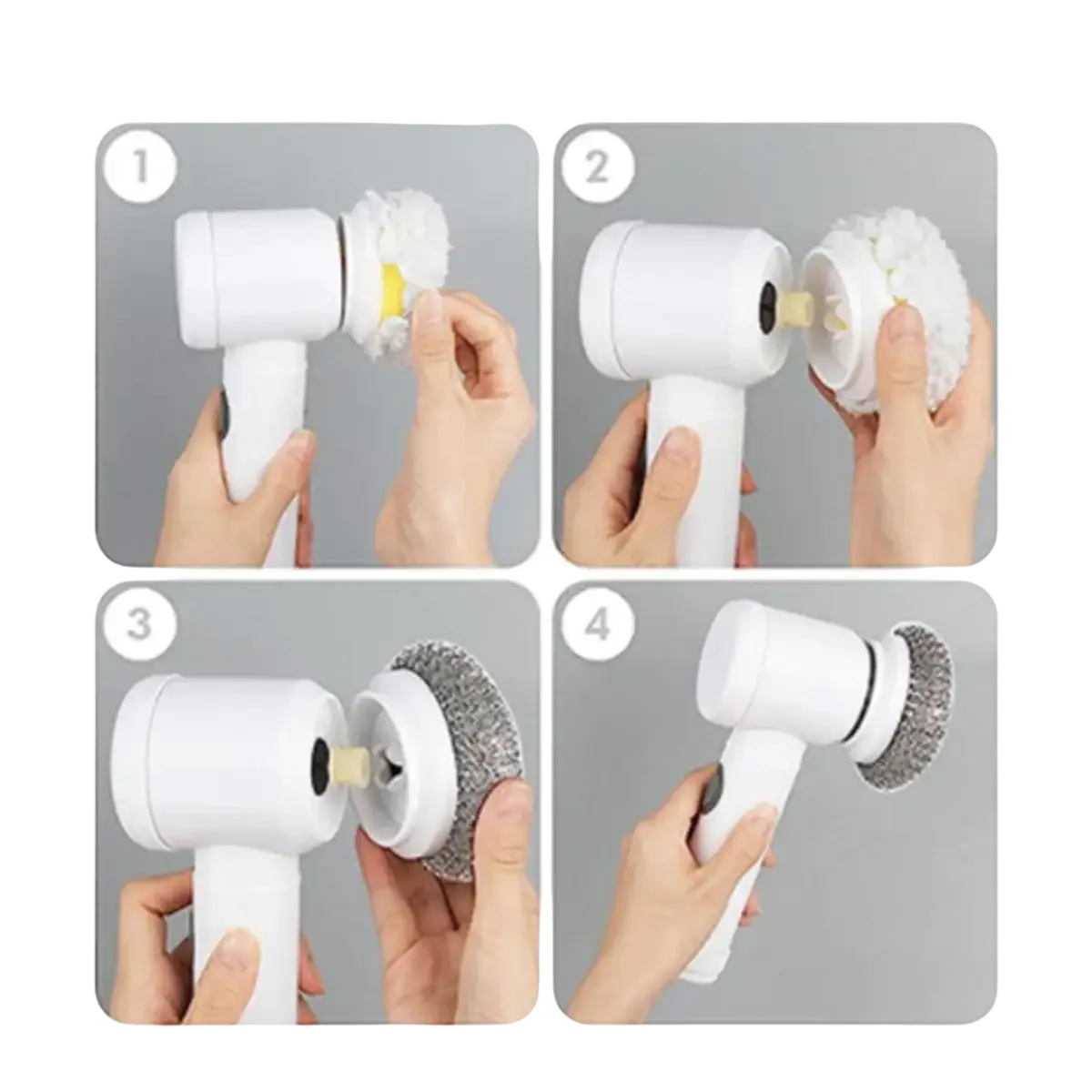 White electric dishwashing brush with interchangeable soft and abrasive brush heads shown from front angle