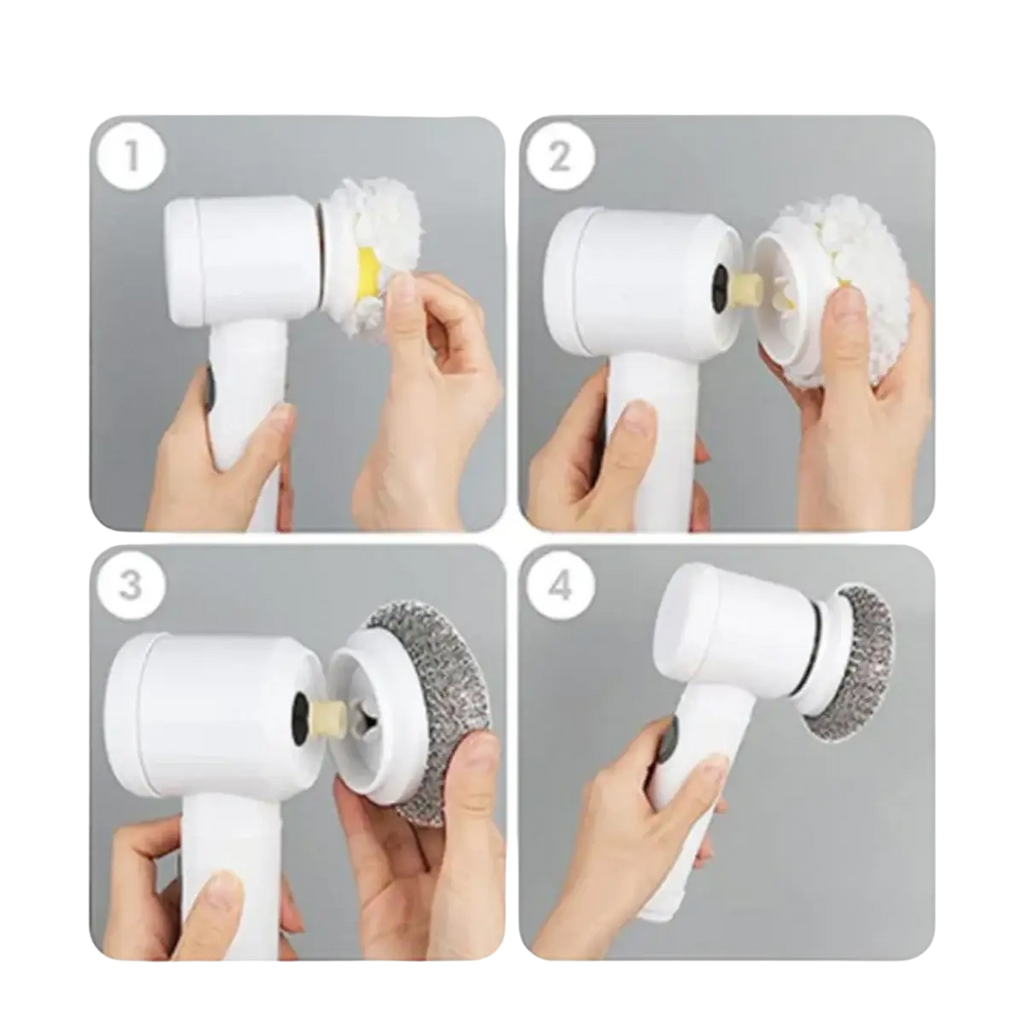 White electric dishwashing brush with interchangeable soft and abrasive brush heads shown from front angle