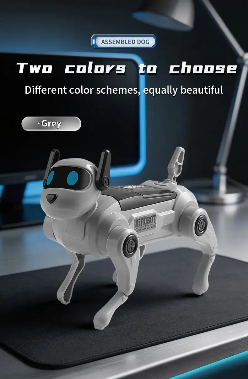 A sleek grey diy assembled dog voice control robot toy made of abs plastic with glowing blue eyes and black accents, manufactured in mainland China.