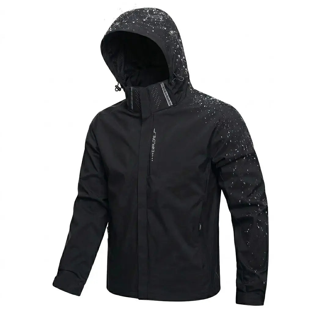 Men waterproof hiking jacket windbreaker outdoor hooded coat in black with a speckled white pattern on the hood and sleeves featuring a zipper front and brand logo on the left chest.