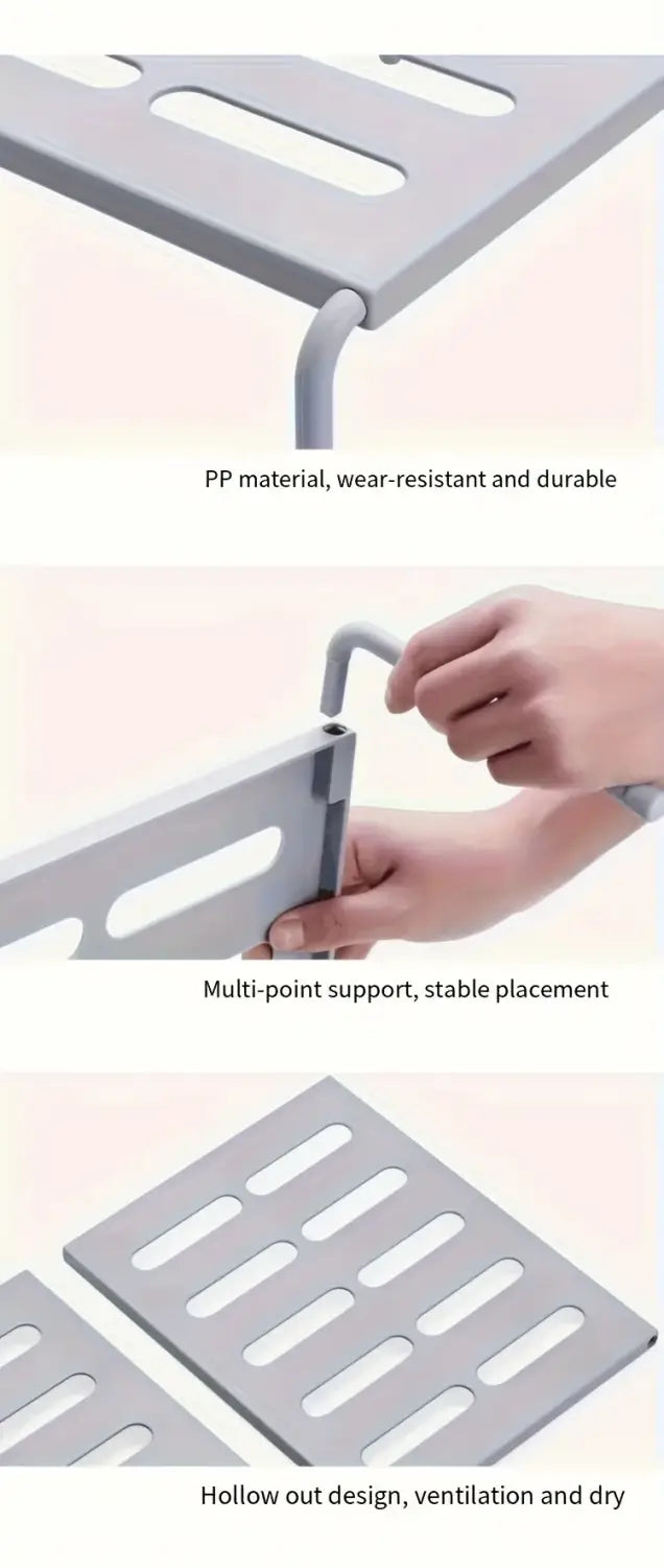 Étagère en plastique PP grise avec conception ajourée et plusieurs points d’appui pour un organisateur de chaussures en plastique blanc à plusieurs niveaux réglable.