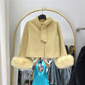 Women's Autumn Winter Elegant Bow Collar Long Sleeve Wool Short Jacket Lady Solid Color Fox Fur Cuffs Loose Wool Outwear Top