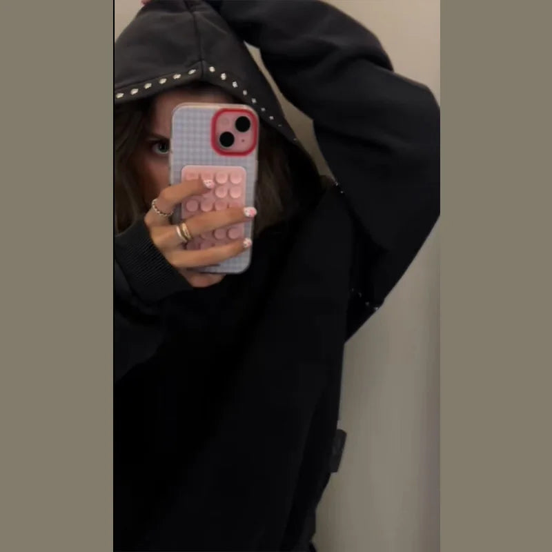 Women's Black Sweatshirt jacket Fashion Cool Casual Loose Long Sleeve Beaded Hoodie Trend Coat 2025 Autumn Lady Commute Outwear