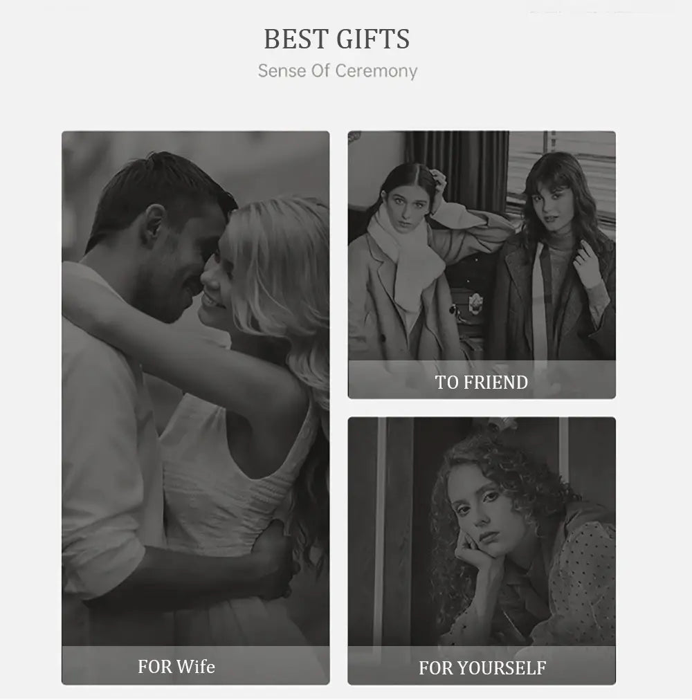 black-and-white promotional graphic for sense of ceremony featuring three emotional relationship-themed gift suggestions including a custom engraved 4d bar keychain in stainless steel