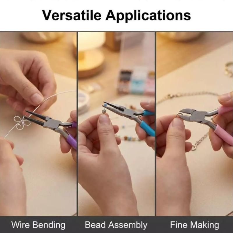 Ensemble d’outils de pinces à bijoux comprenant trois pinces en acier inoxydable à poignées colorées, conçues pour plier le fil, l’assemblage des perles et la fabrication de bijoux fins.