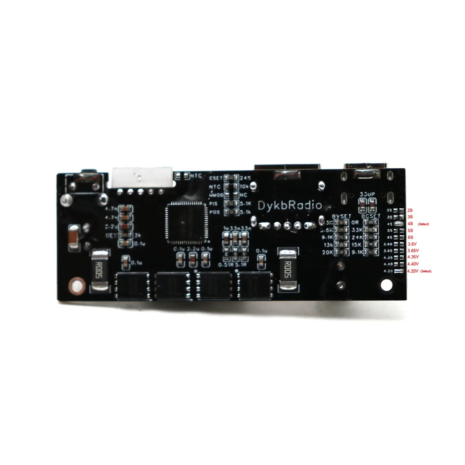 Black rectangular electronic circuit board with silver solder points and labeled components featuring dykbradio branding for 100w Pd3.1 fast charger power bank module Bms.