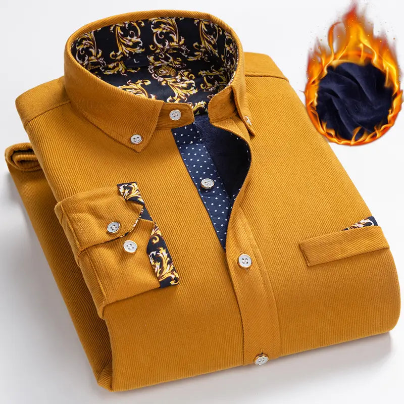 Herren-Cord-Casual-Langarmhemd in senfgelb mit silbernen Knöpfen, kunstvoller schwarzer und goldfarbener Muster-Besatz und navyfarbenem Polka-Dot-Innenkragen, entworfen für Herren-Winter-Streetwear.