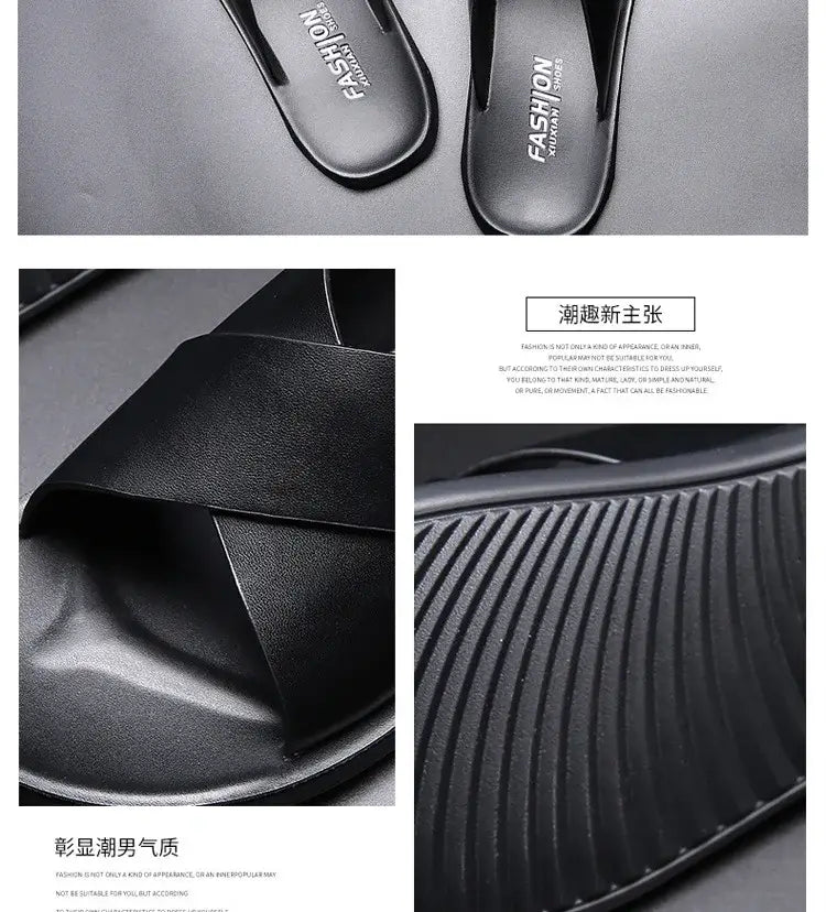 Schwarze Gummi-Flip-Flops mit schlankem, minimalistischem Design und stilprägender Prägung auf dem Fußbett bei Herren-Echtleder-Slippern.