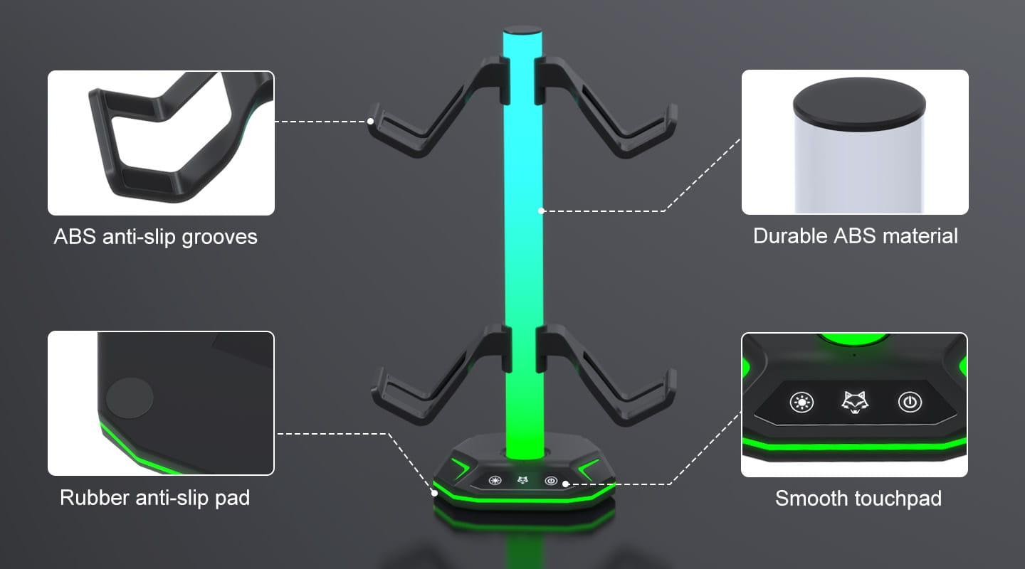 Support d’écouteurs RGB noir et vert et porte-manette pour PS5, avec des rainures antidérapantes en ABS, un matériau durable, un patin de base en caoutchouc et des commandes de pavé tactile fluides.