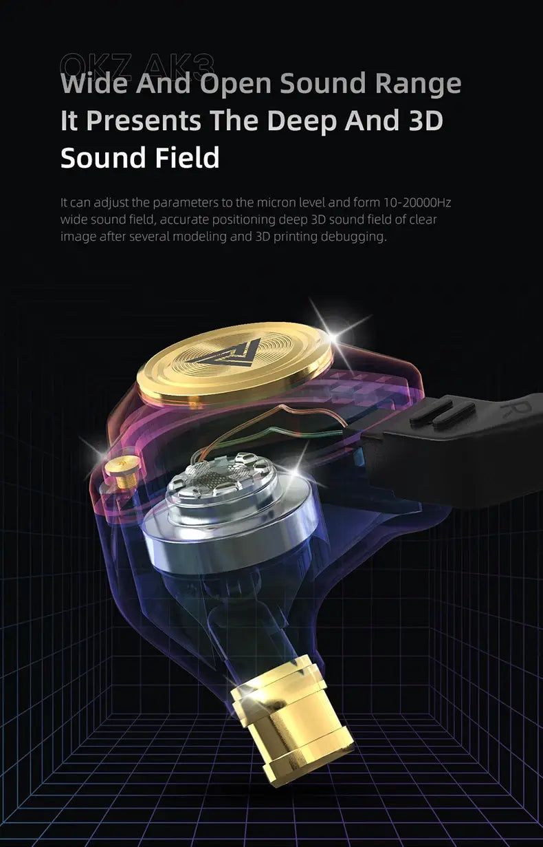 Les écouteurs intra-auriculaires filaires Qkz AK3 à plaquage or présentent un boîtier violet transparent mettant en valeur des composants internes complexes.