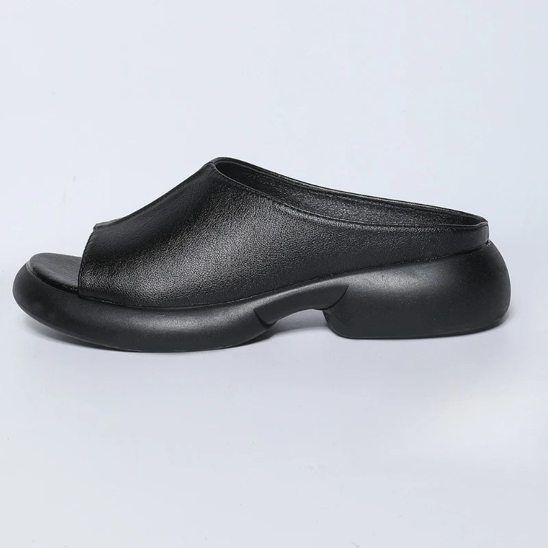 2025  Women's Sandals High Quality Leather Slides High Heels Sandals Sheepskin Platform Slippers Lady Fashion Shoes Summer