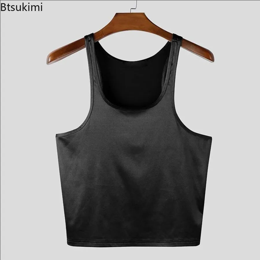 Men's Streetwear Vintage Shiny Tank Tops Fashionable Slim Fit Stretch Crop Camisoles Men Summer Casual Sleeveless U Neck Vests