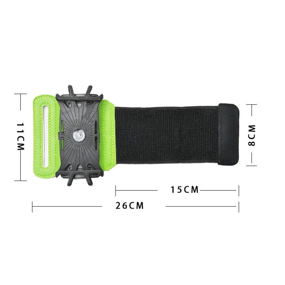 Brazalete para teléfono para correr que gira 360 en color verde neón y negro, fabricado con material duradero e incluye un soporte para el teléfono mostrado desde el lado posterior.