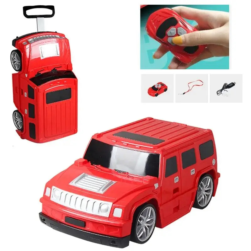 Roter ferngesteuerter Kinderfahrzeug im Hummer-Stil auf einem Gepäckkoffer mit silbernen Felgen und schwarzen Akzenten.