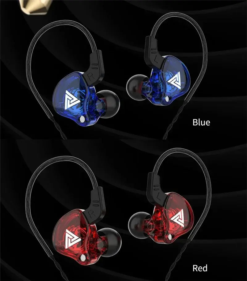 blue and red transparent qkz ak6 in-ear headphones with mic featuring black ear hooks and a white triangular logo for secure audio listening