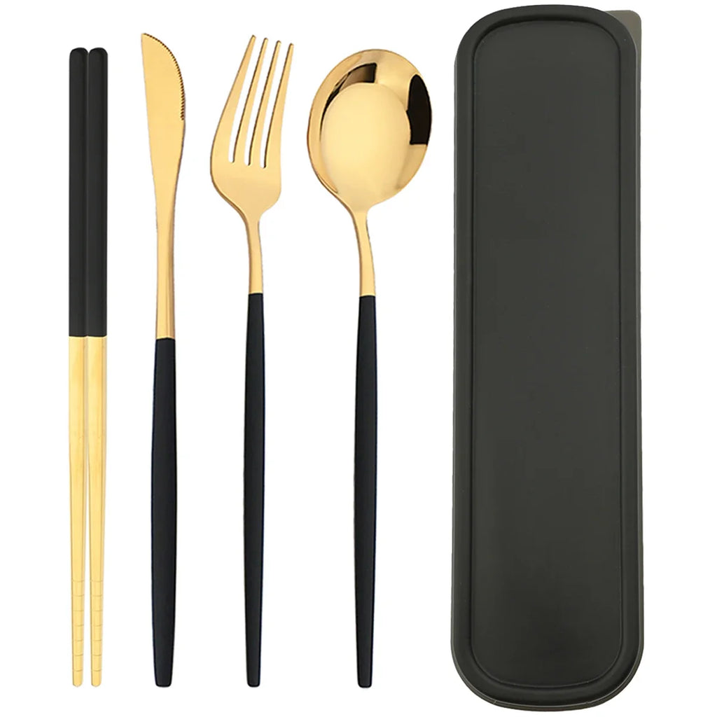 4pcs Black Silver Portable Cutlery Set Stainless Steel Cutlery Set With Storage Box For Home Kitchen Dining Household Tableware