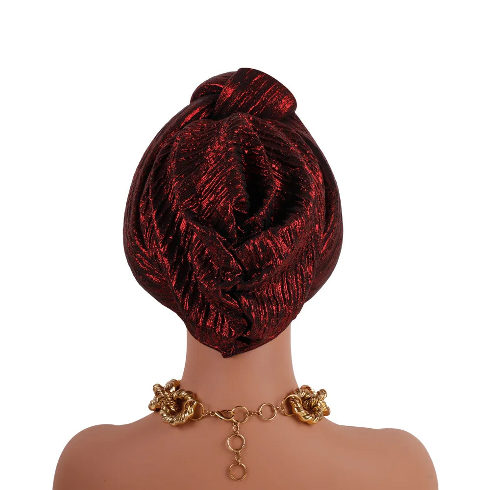 Glitter Fabric Top Knotted Turban Cap Fashion Women Headscarf Hat African Head Wraps Nigerian Wedding Party Headwear Bonnet