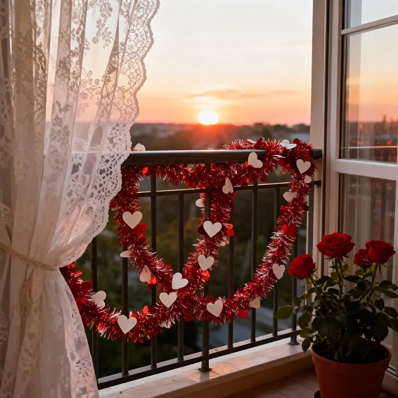 Red pink metallic heart tinsel garland featuring red tinsel with white heart-shaped decorations for valentine decor.