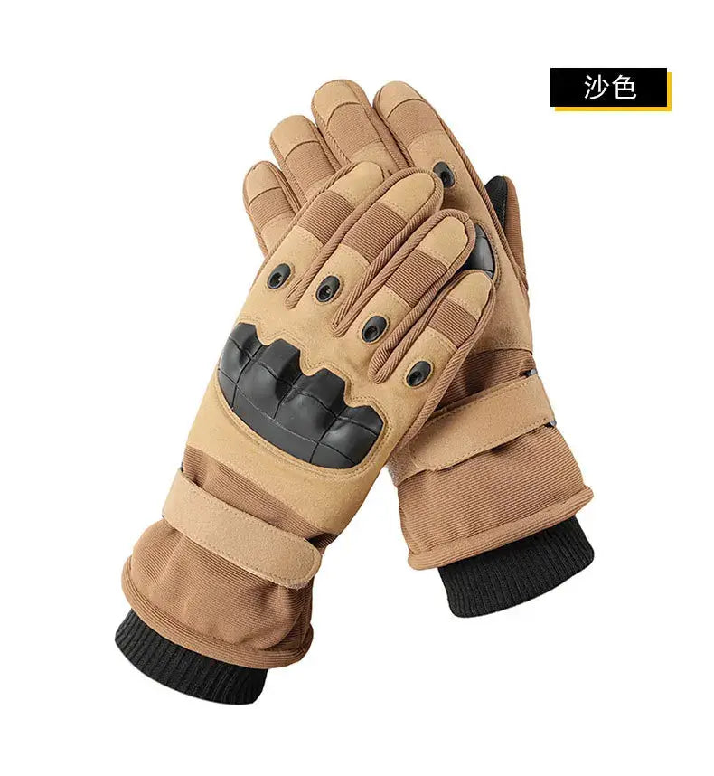 tan tactical winter motorcycle gloves shown from the back with black reinforced knuckle padding and adjustable wrist straps designed for thermal windproof riding gear.