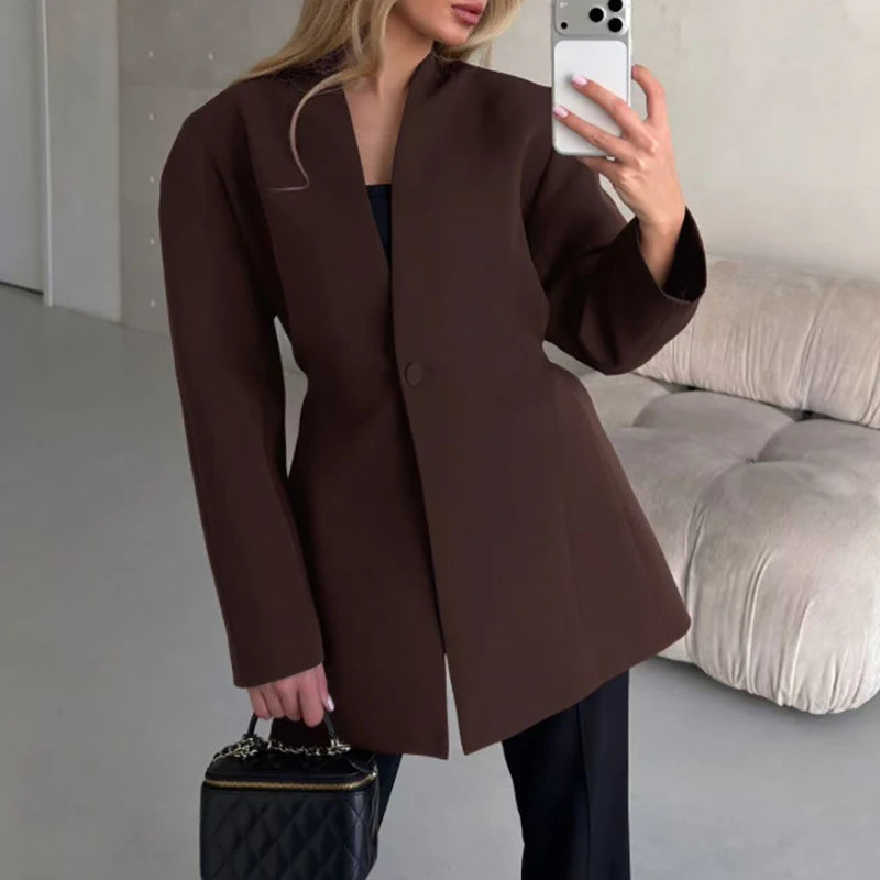 Elegant Black Women's Party Coat for Fall Winter French Style Simple V-neck Commute Jacket Temperament Long Sleeve Fit Outerwear
