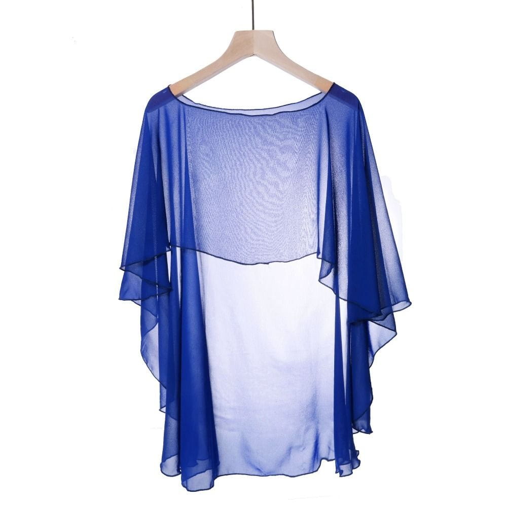 Transparente königsblaue Chiffon-Hochzeitscape mit mehrlagigem, fließendem Design und weiten Ärmeln, von der Rückseite gezeigt, zur Verwendung als Sonnenschutz-Wickelshawl