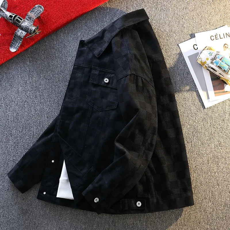 Jackets For Man Trendy Oversized Checkerboard Print Denim Man Coat Casual Streetwear Style Outerwear For Men