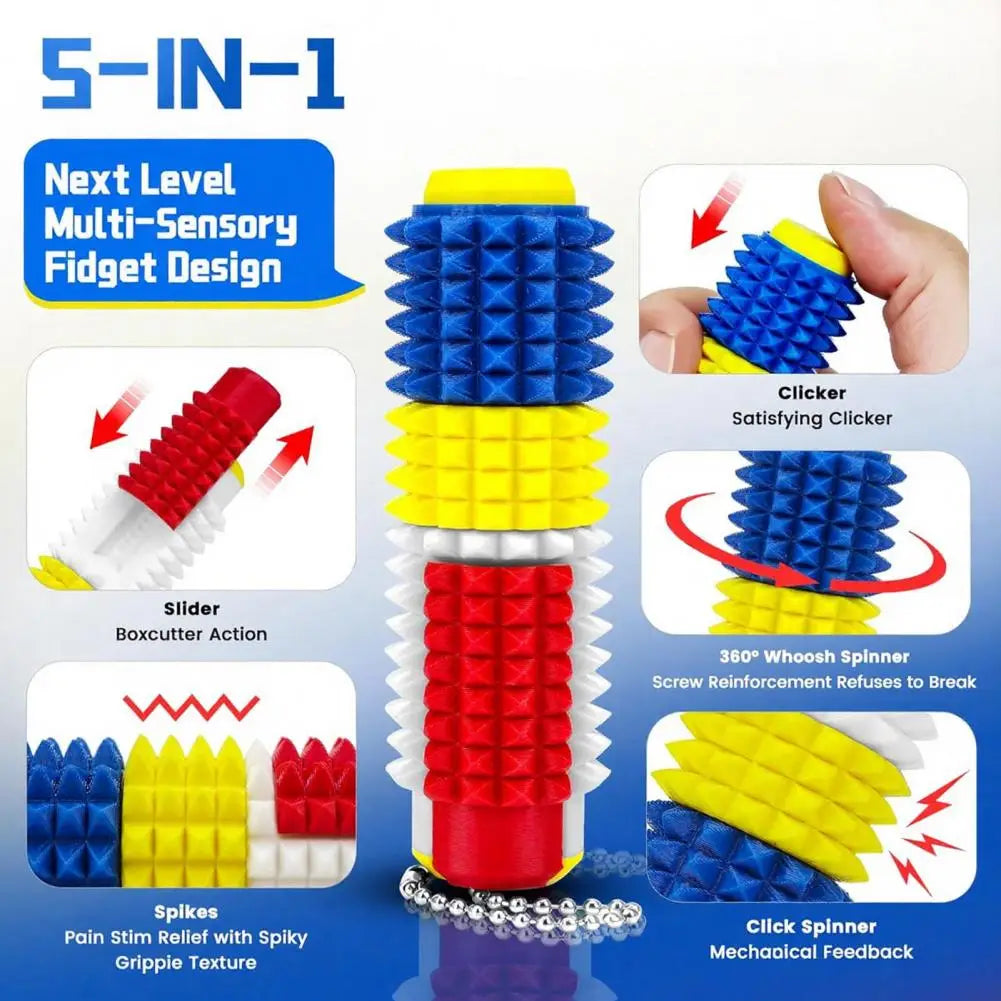 Un colorido rodillo giratorio para fidget con pinchos de espuma segmentada, con pinchos azules, amarillos y rojos con textura, diseñado como juguete antiestrés tipo fidget 5 en 1