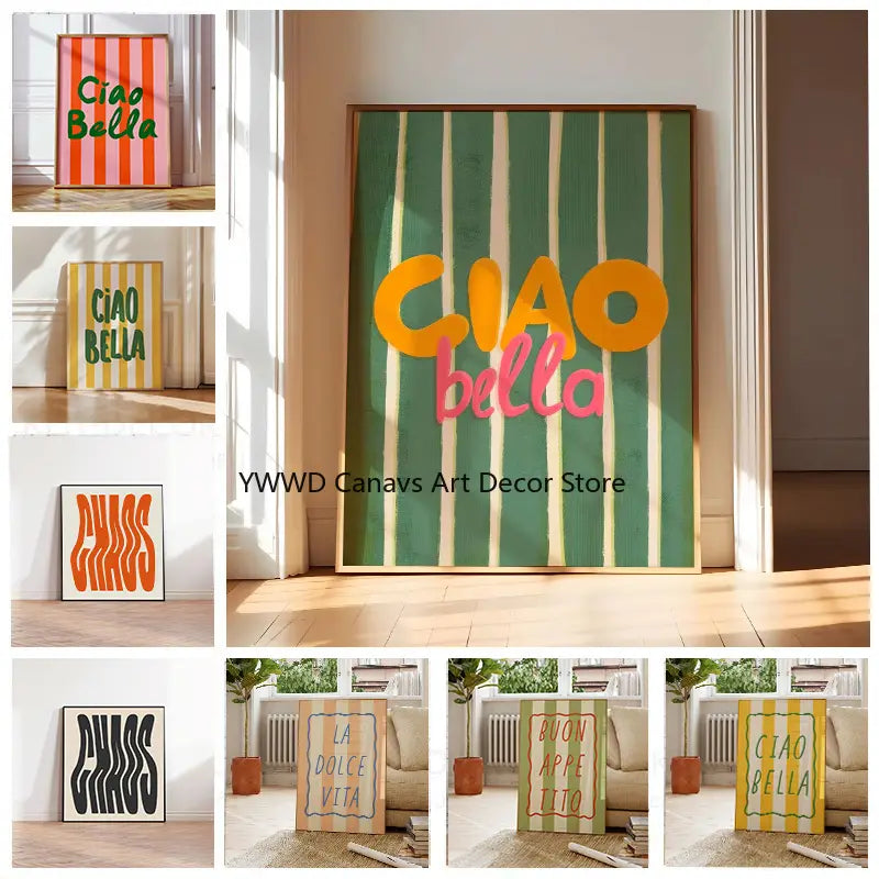 Ciao Bella striped canvas wall art poster featuring vibrant green and cream stripes with bold orange and pink lettering in a playful modern font.