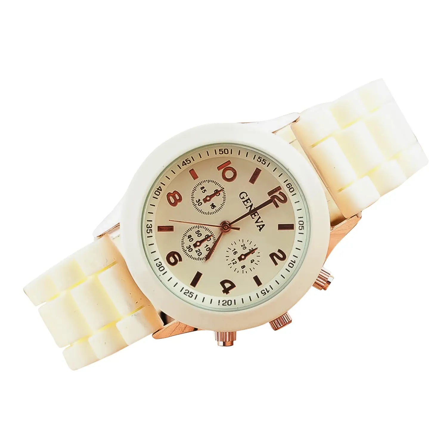 Women silicone quartz watch fashion chronograph with a cream-colored silicone band, rose gold-tone accents, and a matching cream dial featuring black numerals, three sub-dials, and the brand name Geneva.