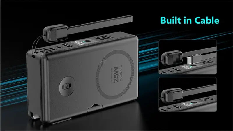 Batterie externe magnétique sans fil rectangulaire noire avec câble intégré et chargeur rapide 25 W conçu pour une charge rapide portable, capacité 20000 mAh