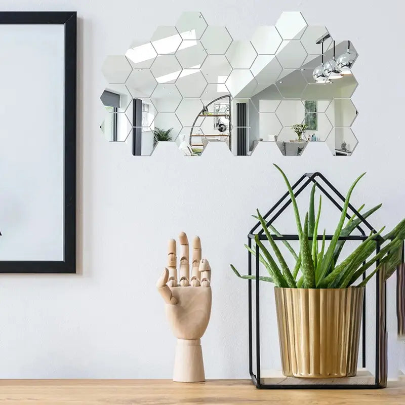 Acrylic hexagon wall sticker 45 pcs with reflective silver surfaces arranged in a geometric pattern for decorative wall decor.