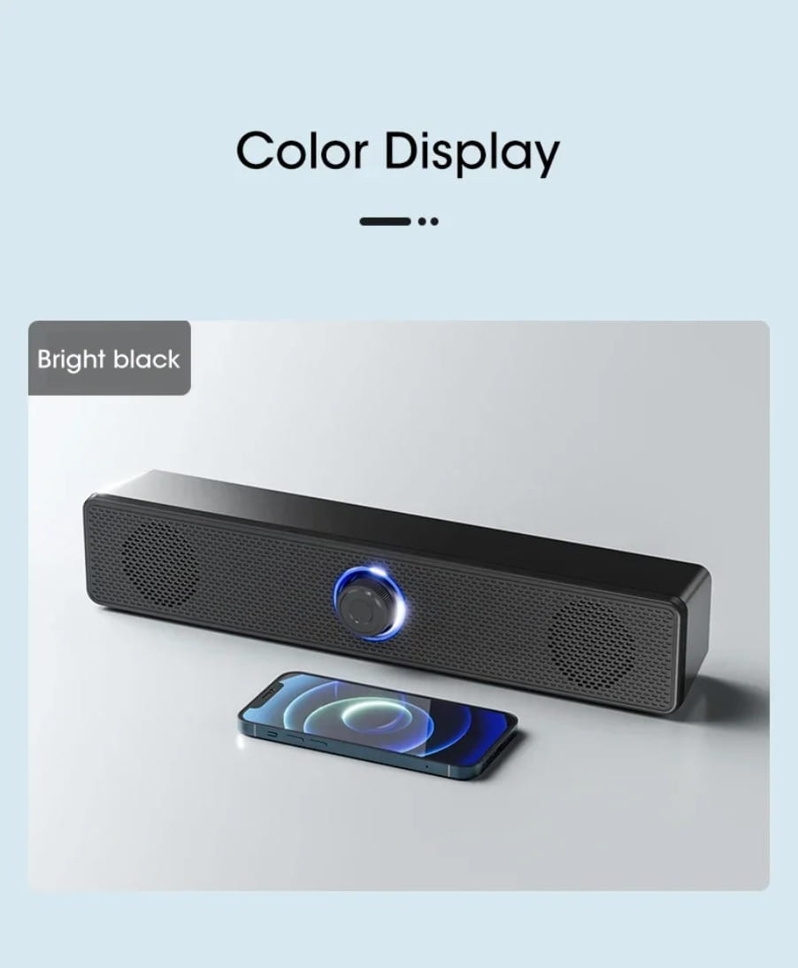 Leuchtend schwarzer Vikefon-USB-Bluetooth-PC-Soundbar-Lautsprecher mit zentraler, blau leuchtender runder Anzeige und perforierten Metall-Lautsprechergittern auf beiden Seiten.