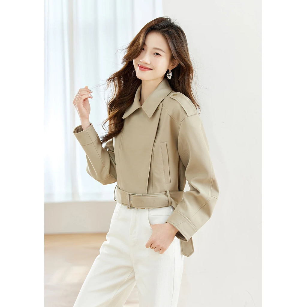 Women's Short Trench Coat Autumn 2026 Single Buttom Belted Turn-Down Collar Jackets Casual Fashion Versatile Outerwear 16698