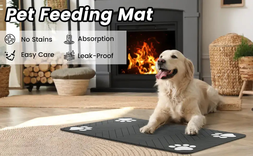Black pet food mat with white paw print designs featuring absorbent material and waterproof rubber backing for protecting pet’s eating area.