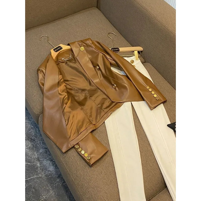 trendy Women's Clothing Faux Leather Coat Black Metal Double-breasted Slim No-wash Leather Suit Top Jacket Coat Women Jackets