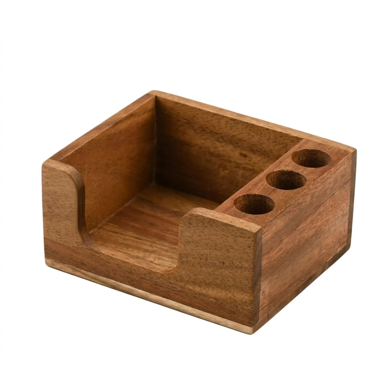 wooden desk organizer solid wood pen holder in natural wood finish featuring three circular pen slots and a recessed paper compartment