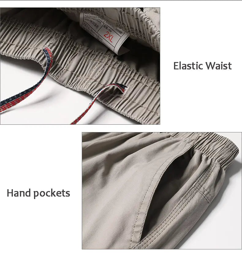 beige cotton relaxed fit men cargo shorts with elastic waist drawstring and hand pockets in a utility trousers style