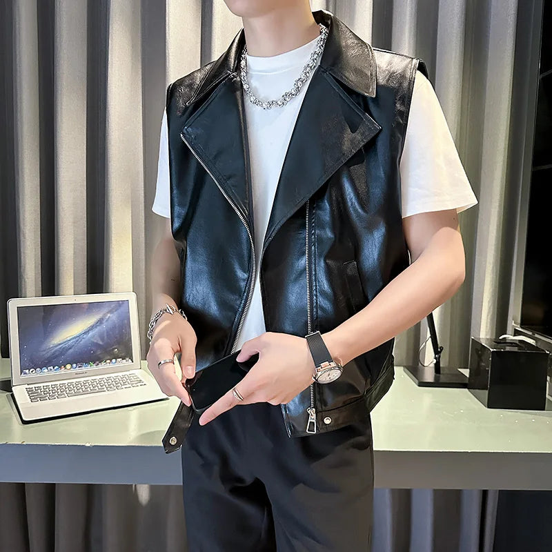 Pu Leather Vest men Trendy Streetwear Biker Jacket Fashion Male Waistcoat Motorcycle Style Hip Hop Clubwear Night Cool Outerwea
