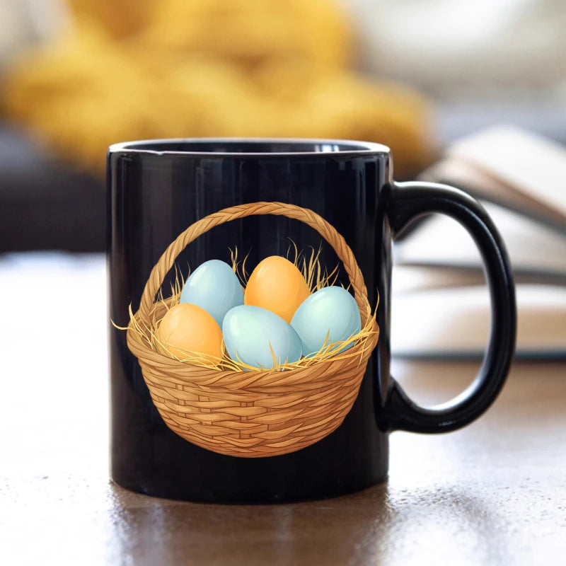 Easter coffee mug, black basket with colorful egg design, suitable for spring and holiday mornings