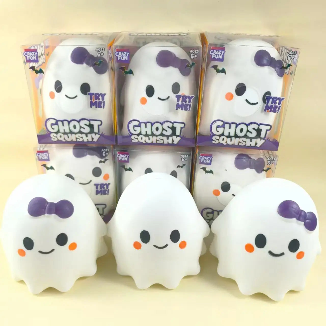 white plush ghost squishy slow rising stress relief toys with purple bows and orange cheeks made of soft material for stress relief and sensory play