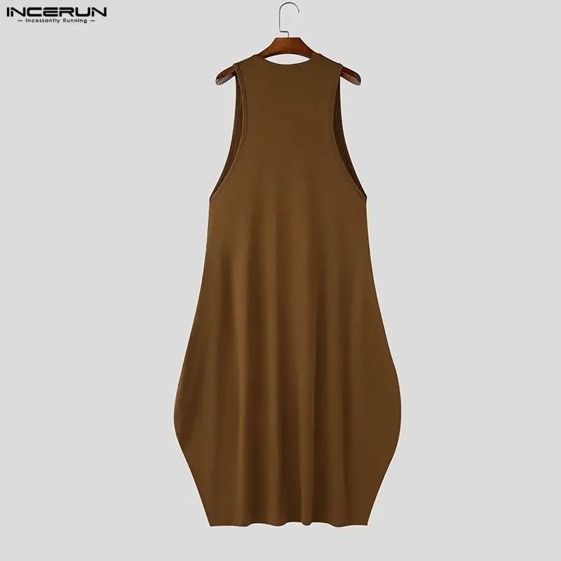 Men Long Style Tank Tops Solid Dresses O-neck Sleeveless Tops Men Clothes Loose Summer Fashion Men's Vests Streetwear INCERUN