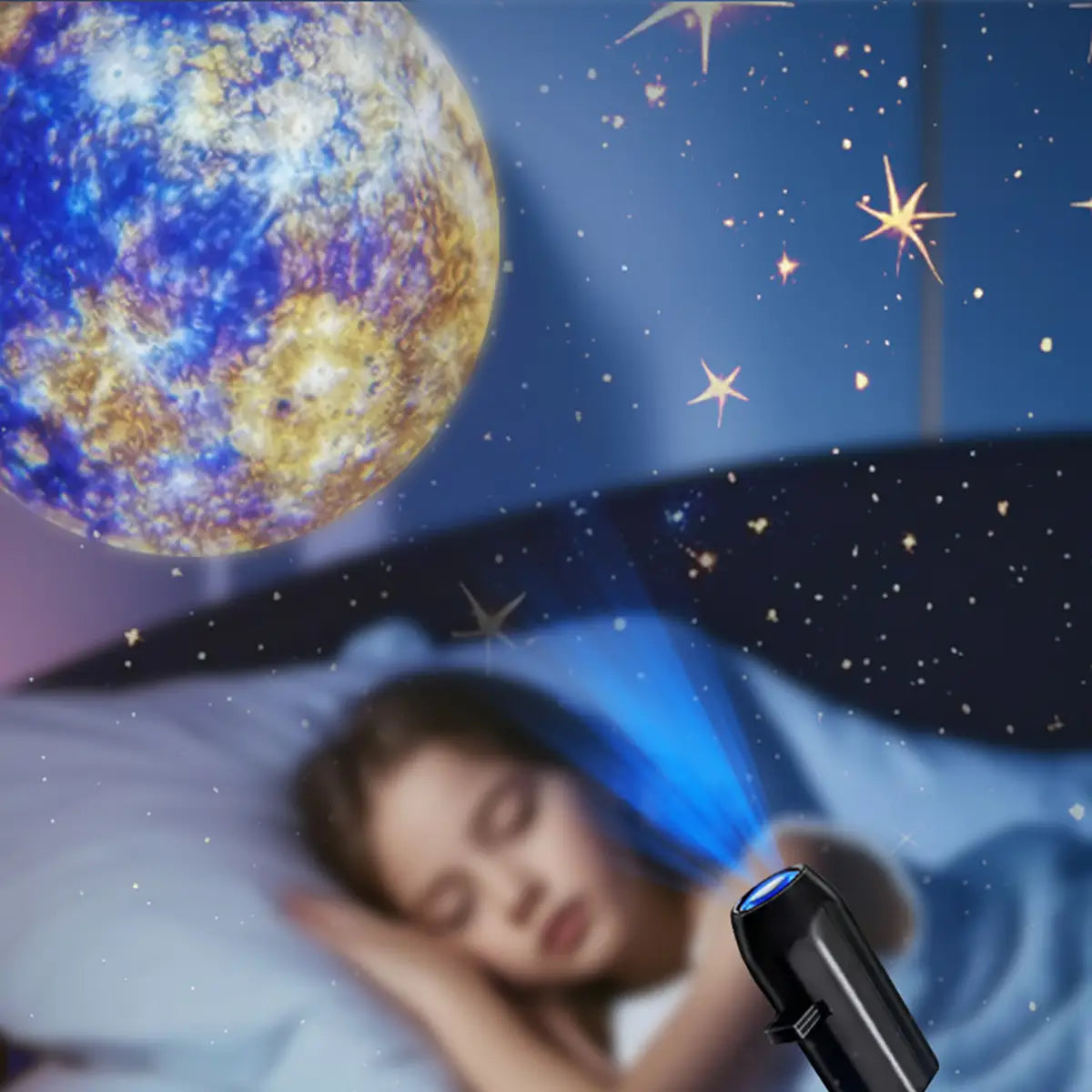 Projecteur mini LED cylindrique noir, veilleuse de nuit avec lentille bleue illuminée pour la projection « ciel étoilé galaxie »