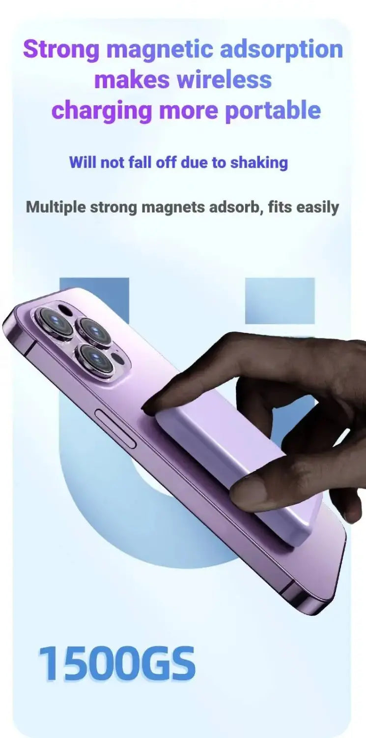 Purple magnetic wireless charging pad power bank with sleek minimalist design and smooth surface featuring magnetic suction for fast charging.
