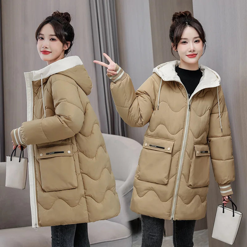 Winter Thicken Hooded Cotton Padded Jacket Women Fashion Contrast Color Mid-length Warm Coats Ladies Loose Big Pockets Outerwear